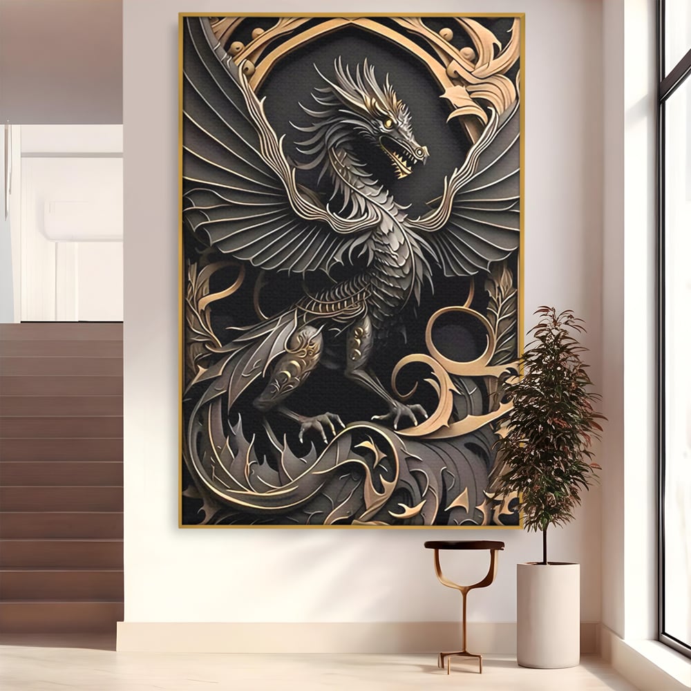 Tablou canvas cu ilustratie digitala cu dragon mitic, in rama de aluminiu auriu